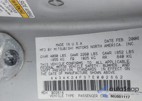 2007 Mitsubishi Eclipse Gs z USA, uszkodzony, nr VIN 4A3AK24F37E002862